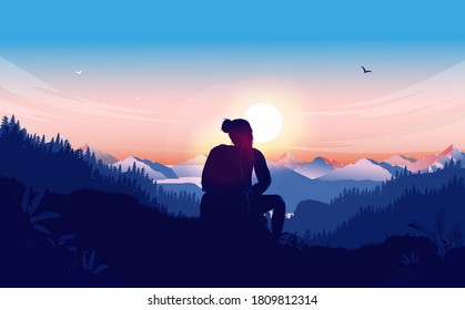 Relax in nature - Woman sitting alone on hilltop watching the beautiful view of landscape. Enjoy wilderness, nature beauty and recreation concept. Vector illustration.