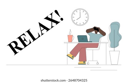 Relax. An offer to rest. A man sits at his desk in a relaxed position