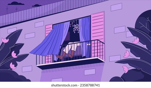 Relax on balcony lo fi aesthetic wallpaper. Opened window. Curtains blowing in wind 2D vector cartoon interior illustration, purple lofi background. 90s retro album art, chill vibes