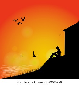 Relax on the beach. Beautiful girl silhouette at sunset