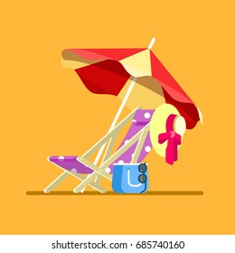 Relax on the beach chaise longue, girl's things. Flat style vector illustration clipart.