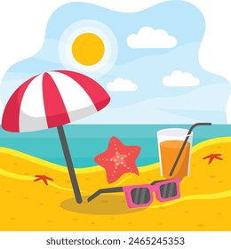 Relax on the beach with delicious cocktails and sunglasses concept vector colorful design, Nature and landscape postcard, Scenic Summer Season Vibes Sign, Idyllic Remote resort stock illustration