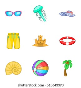 Relax on beach icons set. Cartoon illustration of 9 relax on beach vector icons for web