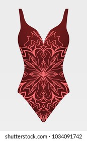 To relax on the beach, a pool of red swimsuits with lace print. vector stock illustration.