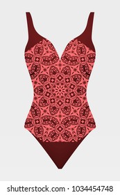 To relax on the beach, a pool of red swimsuits with lace print. vector stock illustration.