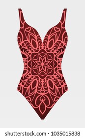 To relax on the beach, a pool of red swimsuits with lace print. vector stock illustration.