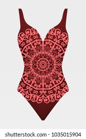 To relax on the beach, a pool of red swimsuits with lace print. vector stock illustration.