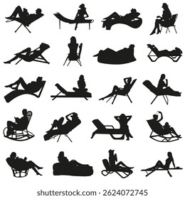 Relax on the beach. Set of silhouettes of women relaxing on the beach. Vacation. EPS 10.
