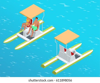 Relax on the paddle boat.  Couple on pedalo also called pedal boat on a lake. summer time concept.  Flat 3d vector isometric illustration. For infographics, design and games