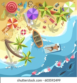 Relax On Sea Beach Vector Top View. Vector Flat Design Of Woman Tan On Sand Or Lounge Chair Under Umbrella In Palms. Man Swimming On Water Near Boat. Summer Holiday Exotic Vacations Resort Concept