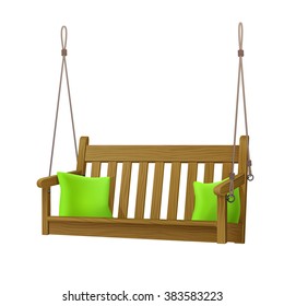 relax outdoor wooden oak porch swing bench with green pillows, cushions isolated on white background. vector illustration