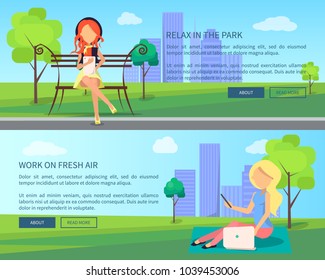 Relax in park work on fresh air set of web banners with women working on electronic devices set of vector illustrations on cityscape background