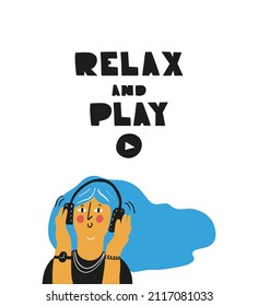 Relax And Play Music. Hand Dawn Illustration. Young Women Listens To Favorite Music.