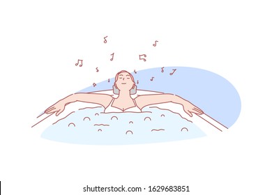 Relax, pleasure, bathing, spa, concept. Happy relaxing woman taking bath with pleasure listening music. Resting lady in beauty bodycare procedure. Spa health care wellbeing simple flat vector.