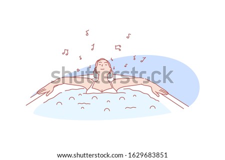 Relax, pleasure, bathing, spa, concept. Happy relaxing woman taking bath with pleasure listening music. Resting lady in beauty bodycare procedure. Spa health care wellbeing simple flat vector.