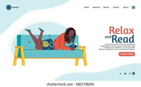 Relax and read header on website interface with young woman relaxing on sofa reading book at home, flat cartoon vector illustration. Landing page template.