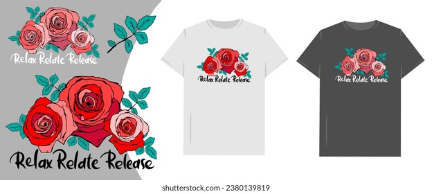 Relájese y libere flores rojas-rosadas vibrantes con palabras inspiradoras en alfabeto caligráfico para camisetas. Ilustración vectorial.