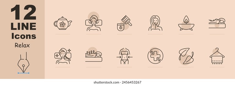 Relax set icon. Tea, tea ceremony, facial massage, acupuncture, cream, oils, healthy and strong hair, aroma candle, stone therapy, towel, weight loss, cross, traditional medicine. Sauna concept.