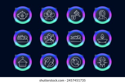 Relax set icon. Tea, tea ceremony, facial massage, acupuncture, cream, oils, healthy and strong hair, aroma candle, stone therapy, towel, glassmorphism, cross, traditional medicine. Sauna concept.