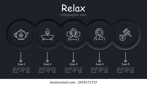 Symbol "Relax Set". Tee, Teezeremonie, Gesichtsmassage, Akupunktur, Creme, Öle, gesundes und starkes Haar, Aroma Kerze, Infografik, Handtuch, Gewichtsverlust, Neomorphismus, traditionelle Medizin. Sauna-Konzept.