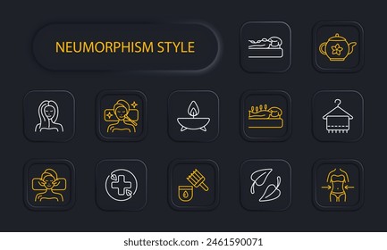 Relax set icon. Tea, tea ceremony, facial massage, acupuncture, cream, oils, healthy and strong hair, aroma candle, stone therapy, towel, weight loss, cross, traditional, neomorphism. Sauna concept.