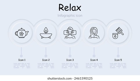 Relax set icon. Tea, tea ceremony, facial massage, acupuncture, cream, oils, healthy and strong hair, aroma candle, infographic, towel, weight loss, neomorphism, traditional medicine. Sauna concept.