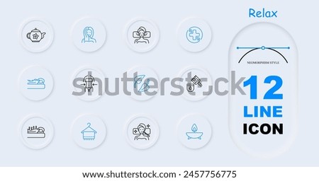Relax set icon. Tea, tea ceremony, facial massage, acupuncture, cream, oils, healthy and strong hair, aroma candle, stone therapy, towel, neomorphism, cross, traditional medicine. Sauna concept.
