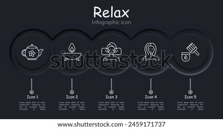 Relax set icon. Tea, tea ceremony, facial massage, acupuncture, cream, oils, healthy and strong hair, aroma candle, infographic, towel, weight loss, neomorphism, traditional medicine. Sauna concept.
