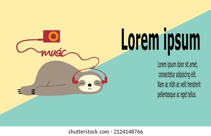 Relax Sloth Sleep and Listen Music Portable, Wear Earbud Background Vector