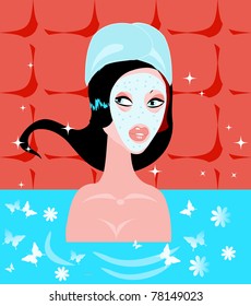 Relax Spa girl in flower bath / Beautiful spa girl relaxing  illustration.