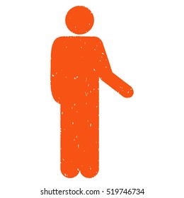 Relax Standing Pose grainy textured orange icon for overlay watermark stamps. Flat symbol with dust texture. Dotted vector ink rubber seal stamp with grunge design on a white background.