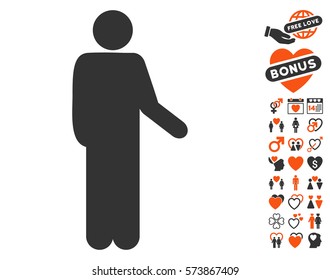 Relax Standing Pose icon with bonus love images. Vector illustration style is flat iconic orange and gray symbols on white background.