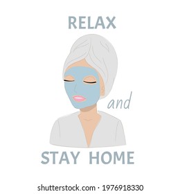 Relax and stay home. Young woman in cosmetic mask with a towel on her head 