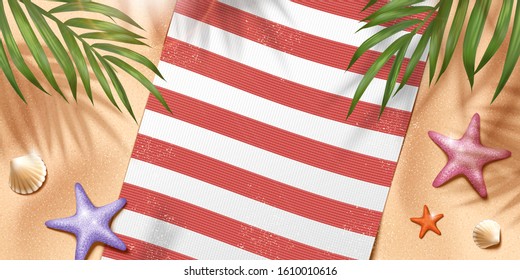 Relax Summer Beach Scene With Blanket And Palm Leaves In 3d Illustration, Top View Angle