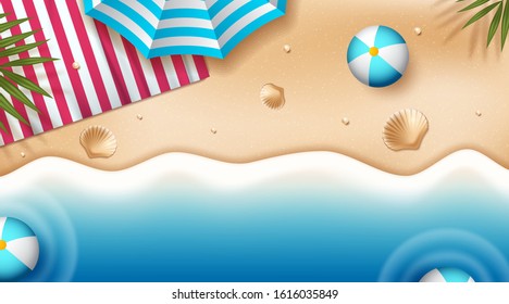 Relax summer beach scene with blanket and palm leaves in 3d illustration. Vector illustration