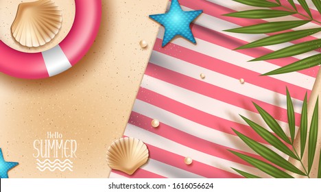 Relax summer beach scene with blanket and palm leaves in 3d illustration. Vector illustration