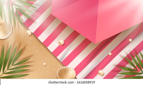 Relax summer beach scene with blanket and palm leaves in 3d illustration. Vector illustration