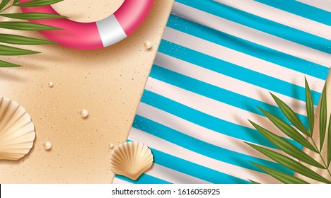 Relax summer beach scene with blanket and palm leaves in 3d illustration. Vector illustration