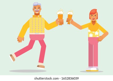 Relax summer - An illustration of a cute couple cheers up. A vector of vacation time, this illustration can use as a sticker also. 