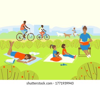 Relax in the summer park. African American family rides bicycles. Mom reads a book to children. Dog handler walks with Labradors. Girl lying listens to music on the phone. Flat vector illustration. - Shutterstock ID 1771939943