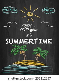 Relax it's summertime - palm trees, beach, clouds, sun and sea on chalkboard background