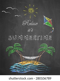 Relax it's summertime - palm trees, beach, kite, swing net, sun and sea on chalkboard background