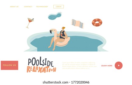 Relax In Swimming Pool Landing Page Template. Young Woman Character Floating On Flamingo Inflatable Ring Mattress Enjoying Summer Time Vacation Drinking Cocktail And Tan. Linear Vector Illustration