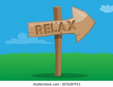 Relax text on Wooden sign. Cartoon vector illustration.