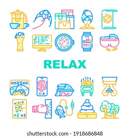 Relax Therapy Time Collection Icons Set Vector. Relax Shopping And Yoga, Music And Video Games, Beer And Tea, Fishing And Camping Concept Linear Pictograms. Contour Color Illustrations