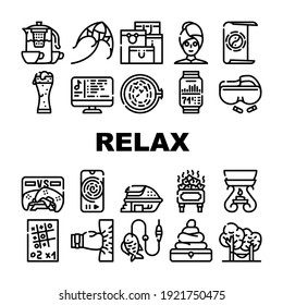 Relax Therapy Time Collection Icons Set Vector. Relax Shopping And Yoga, Music And Video Games, Beer And Tea, Fishing And Camping Black Contour Illustrations