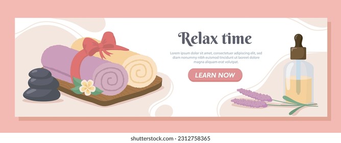 Relax time advertising vector banner. Flower with lotion and cosmetic product, folded towels. Spa treatments and massages. Landing page. Cartoon flat illustration isolated on pink background