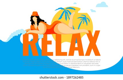 Relax time banner, poster, flyer design with plus size pin up women and yellow sun background. Young girl on text Relax. Ocean blue wave template. Vector illustration.