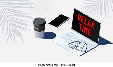 Relax time. Breakfast. Freelancer workplace. A laptop, smartphone and a paper coffee cup on beach. Isometric lounging illustration in bright white colors. Rest and relaxation at work