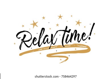 Relax time card. Beautiful greeting banner poster calligraphy inscription black text word gold ribbon. Hand drawn design elements. Handwritten modern brush lettering white background isolated vector